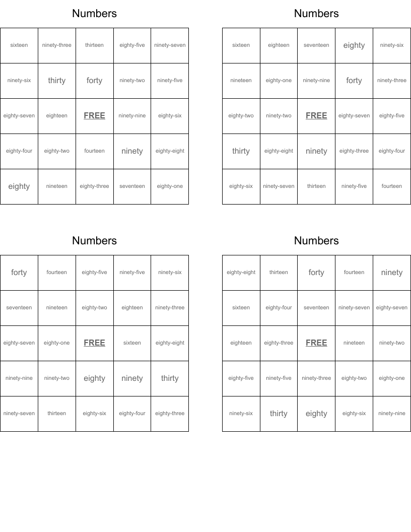 Numbers Bingo Cards
