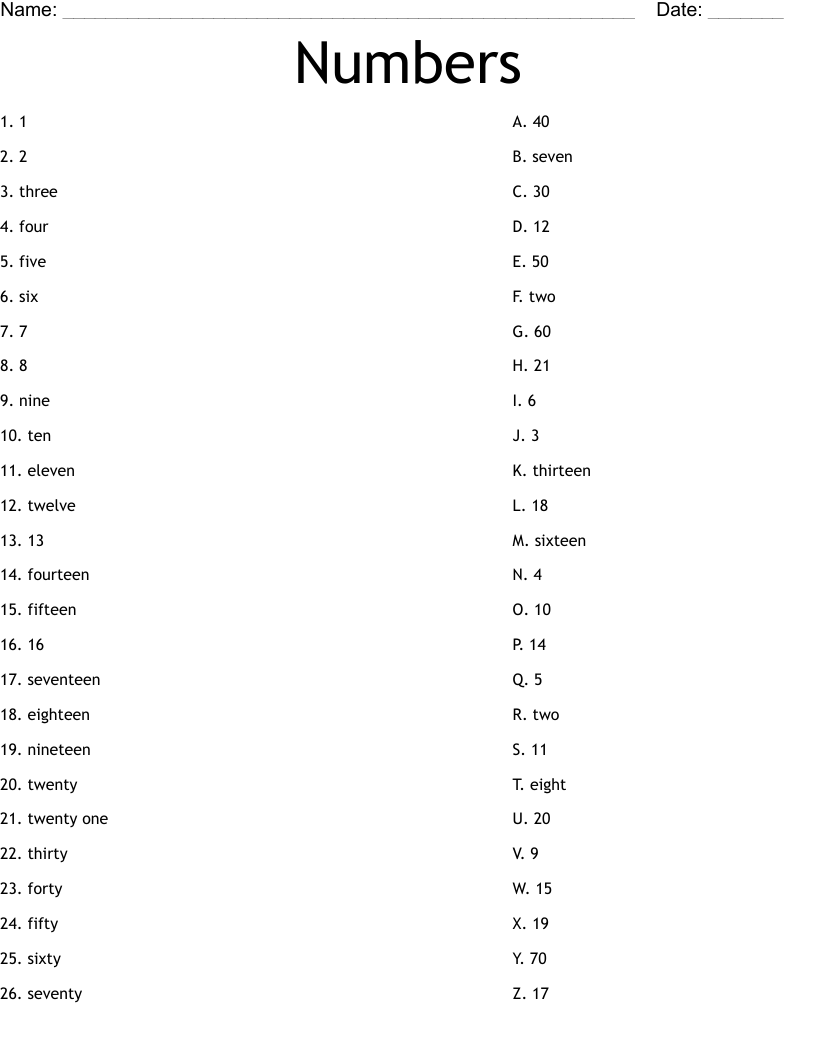 Numbers Worksheet