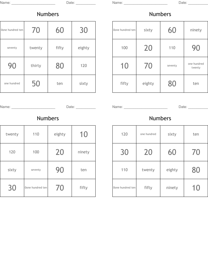 Numbers Bingo Cards