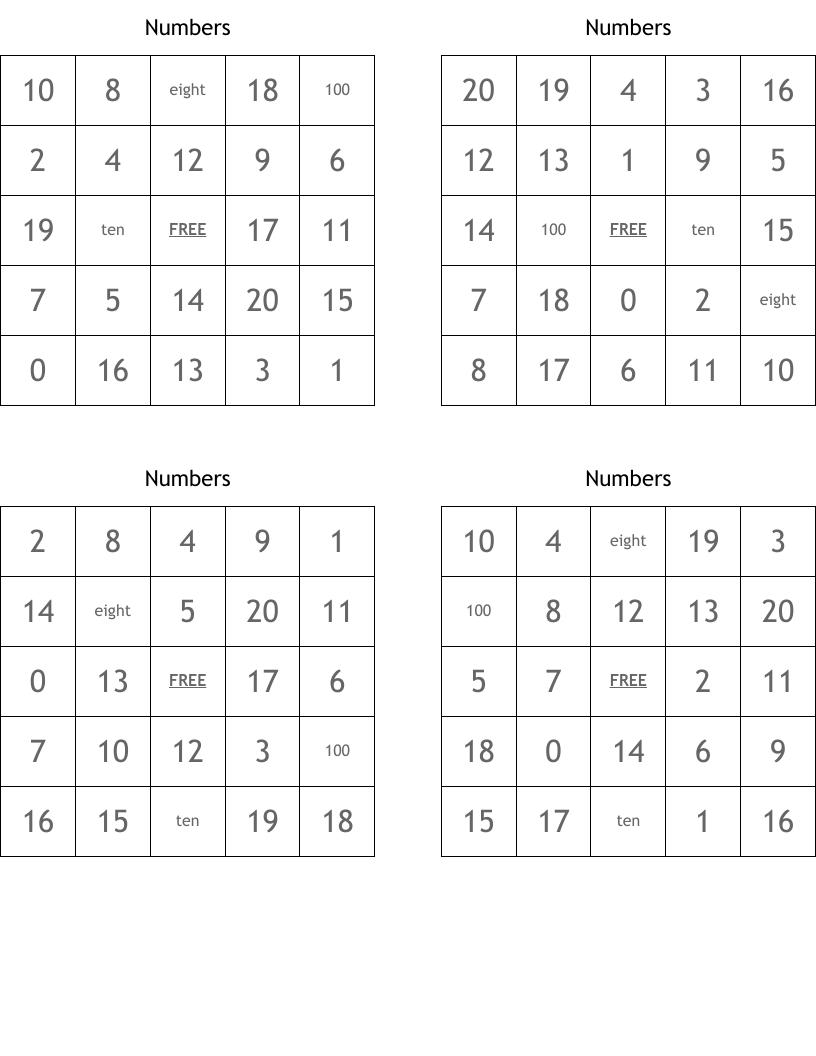 Numbers Bingo Cards