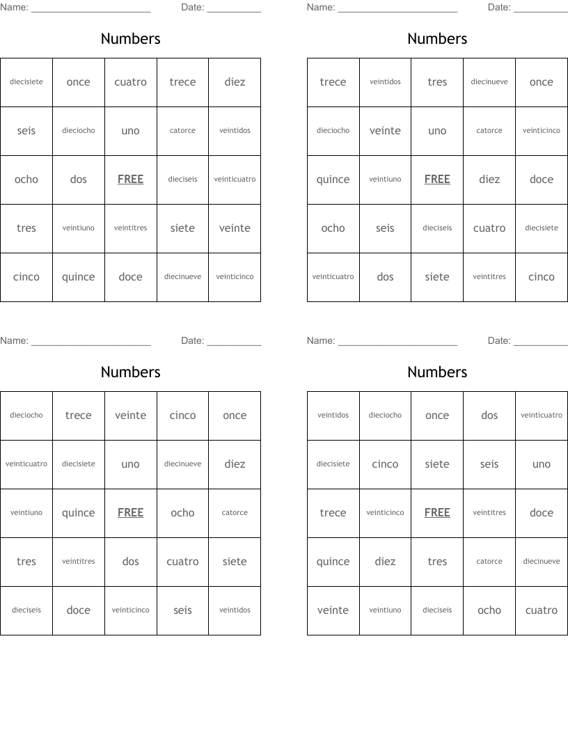 Numbers Bingo Cards