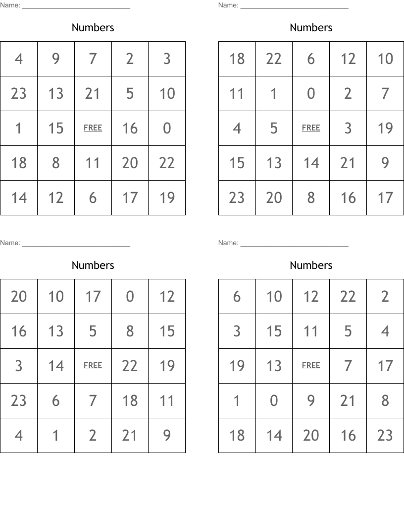 Numbers Bingo Cards