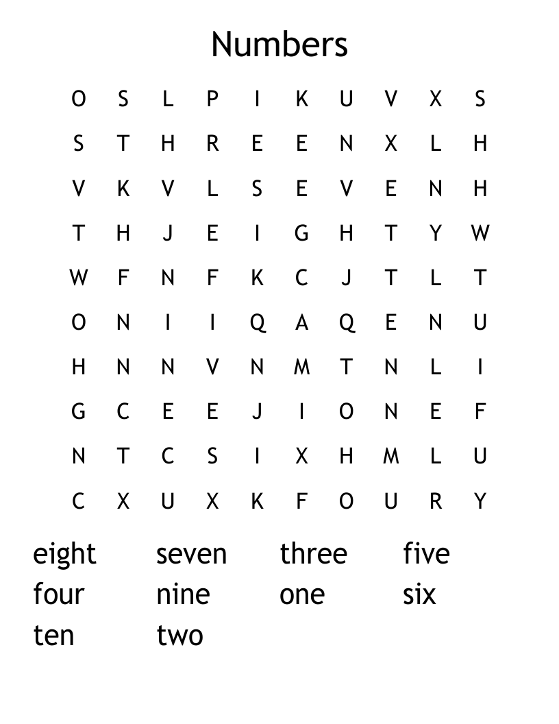 Numbers Word Search