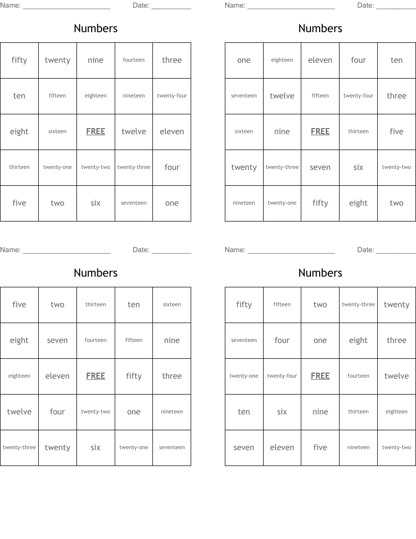 Numbers Bingo Cards
