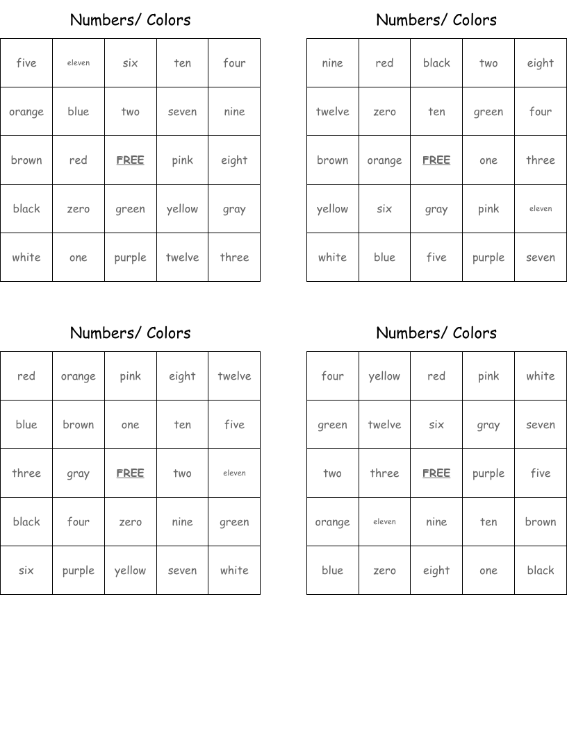 Numbers/ Colors Bingo Cards
