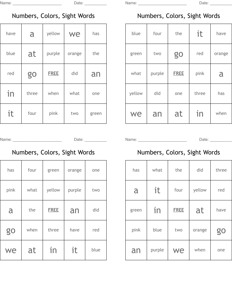 Numbers, Colors, Sight Words Bingo Cards