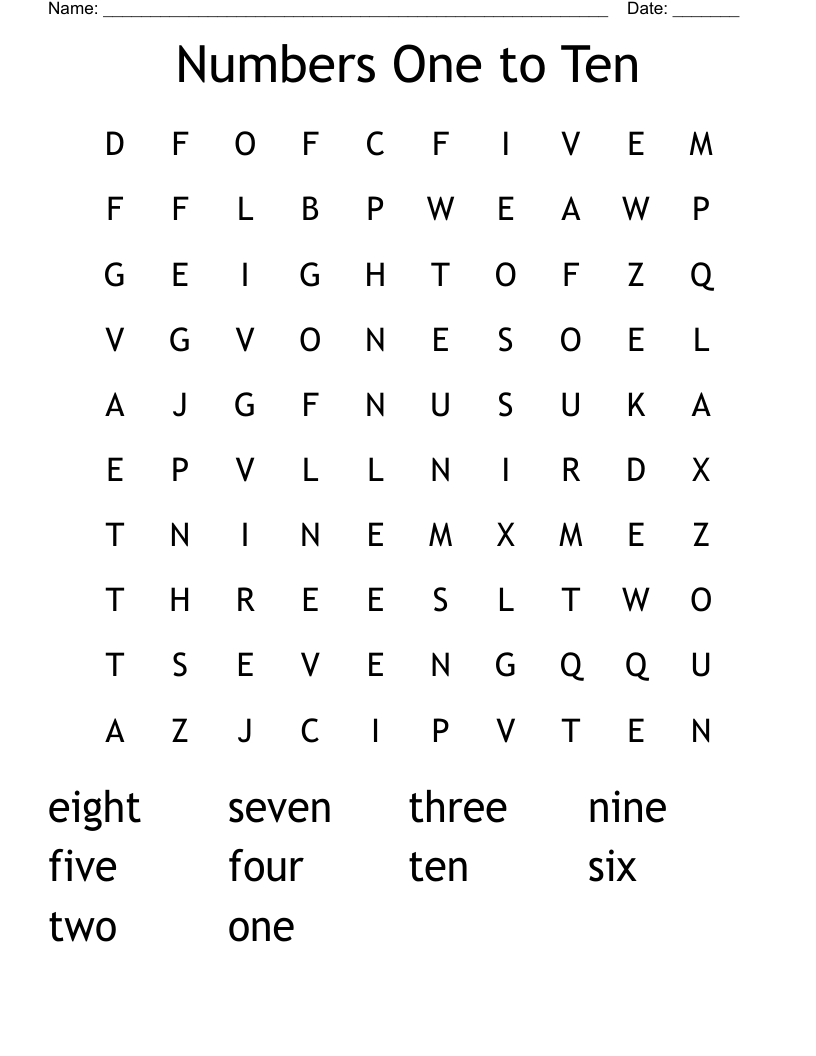 Numbers One to Ten Word Search