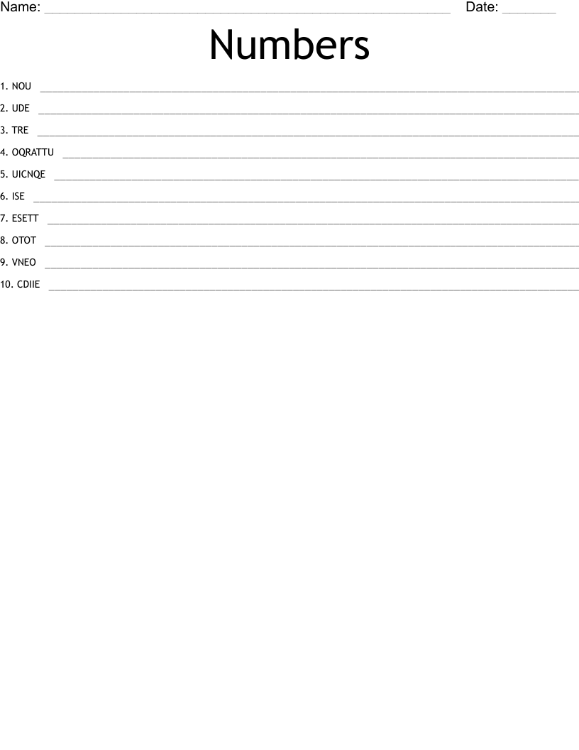Numbers  Word Scramble