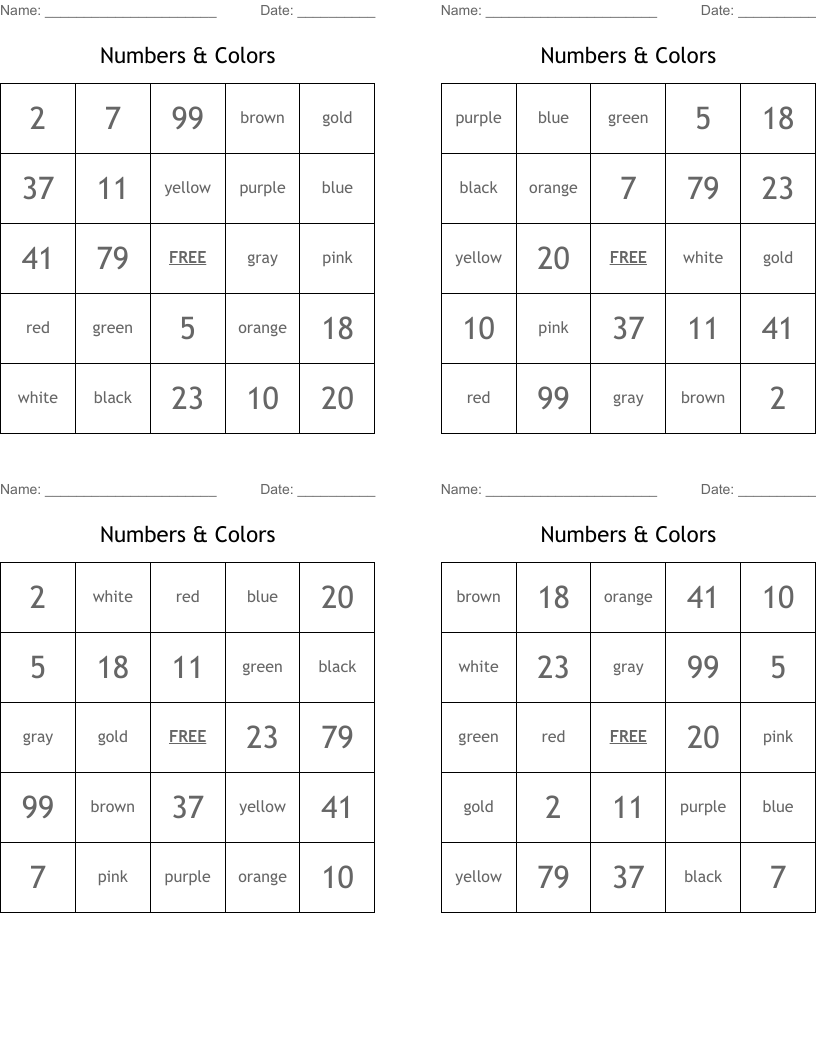 Numbers & Colors Bingo Cards