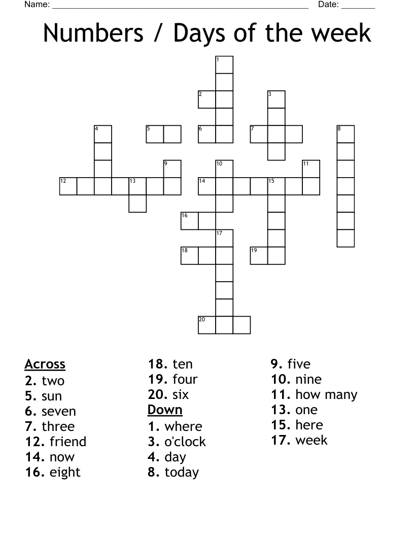 Numbers / Days of the week Crossword