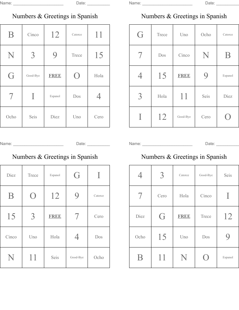 Numbers & Greetings in Spanish Bingo Cards