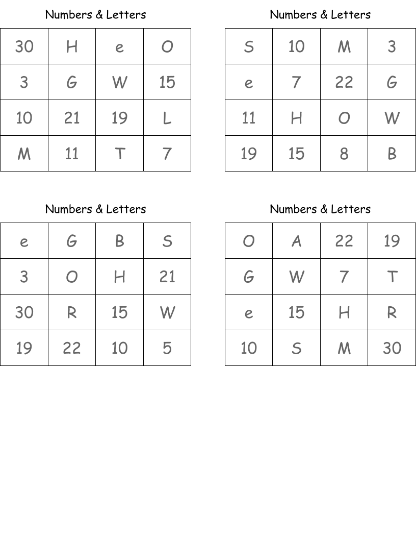 Numbers & Letters Bingo Cards
