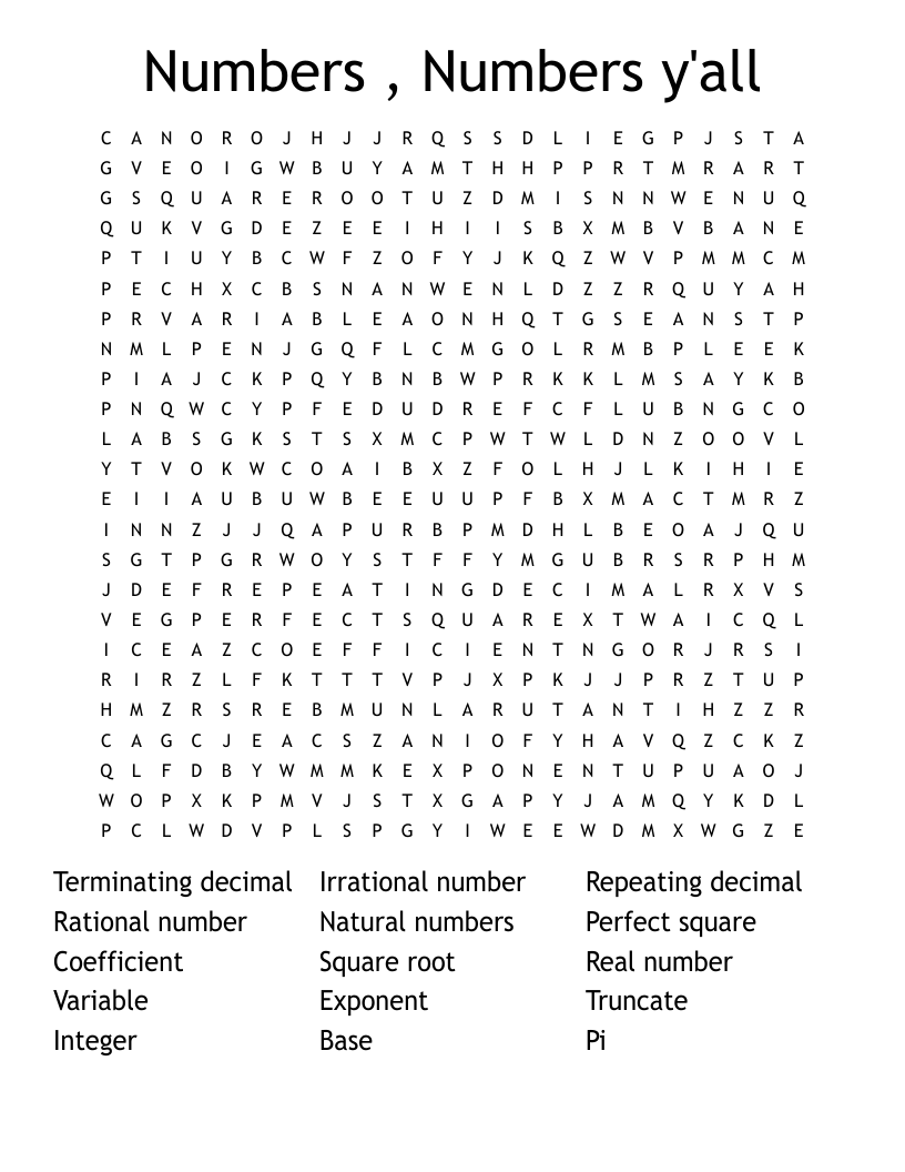 Numbers , Numbers y'all  Word Search