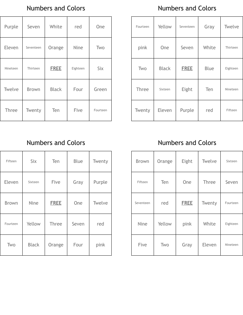 Numbers and Colors Bingo Cards