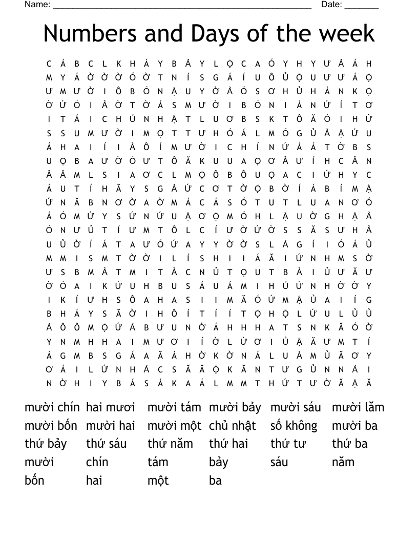 Numbers and Days of the week Word Search