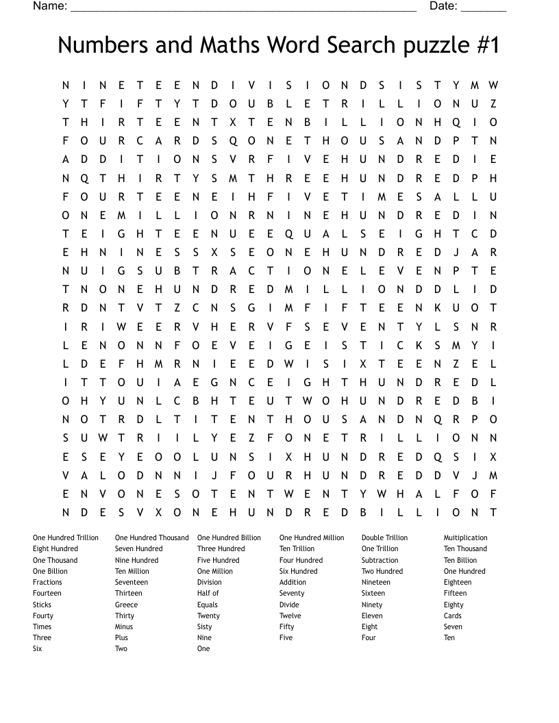 Numbers and Maths Word Search puzzle #1