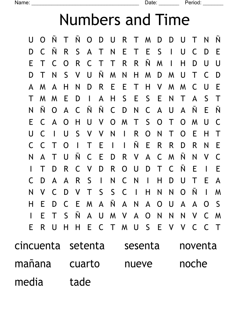 Numbers and Time Word Search