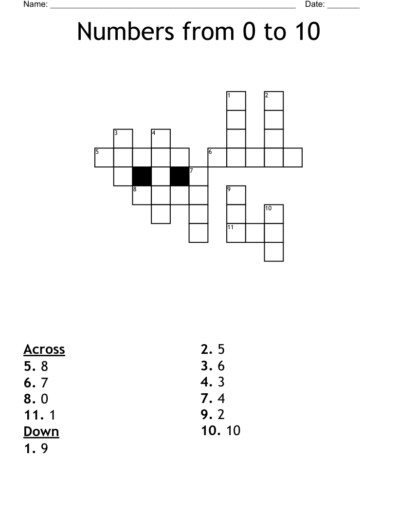 Numbers from 0 to 10 Crossword