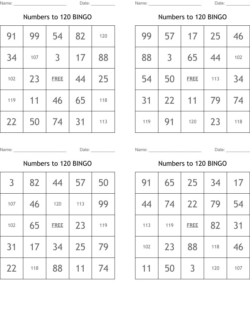Numbers to 120 BINGO