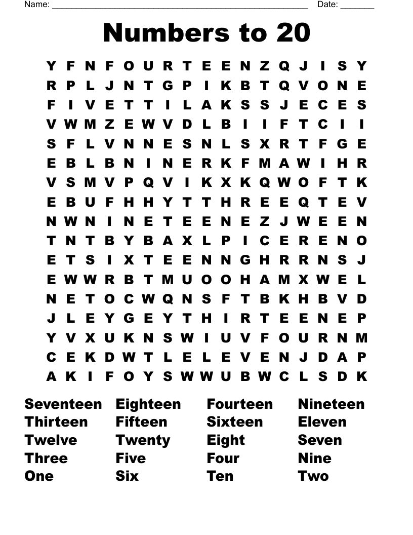 Numbers to 20 Word Search