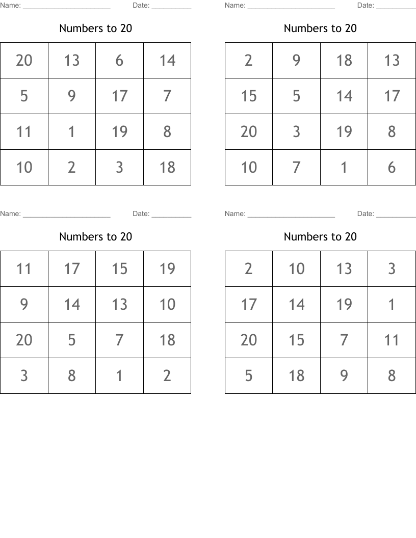 Numbers to 20 Bingo Cards