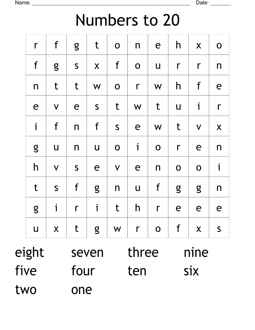 Numbers to 20 Word Search