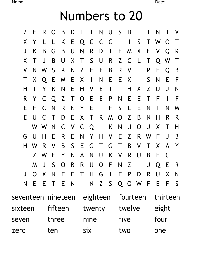 Numbers to 20 Word Search