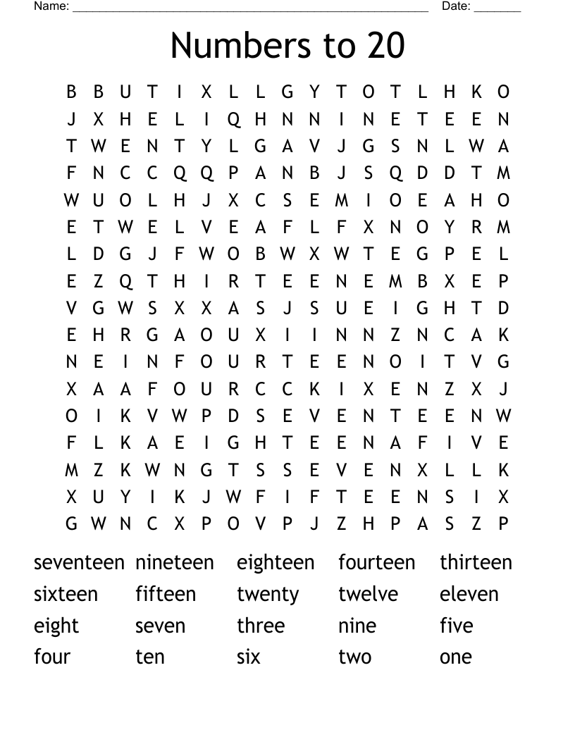 Numbers to 20  Word Search