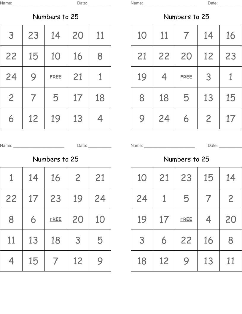 Numbers to 25 Bingo Cards