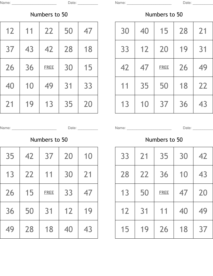 Numbers to 50 Bingo Cards