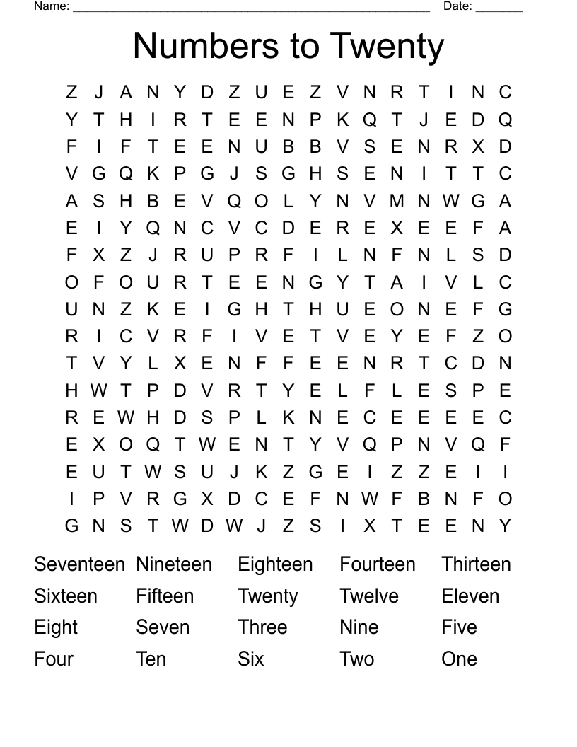 Numbers to Twenty Word Search