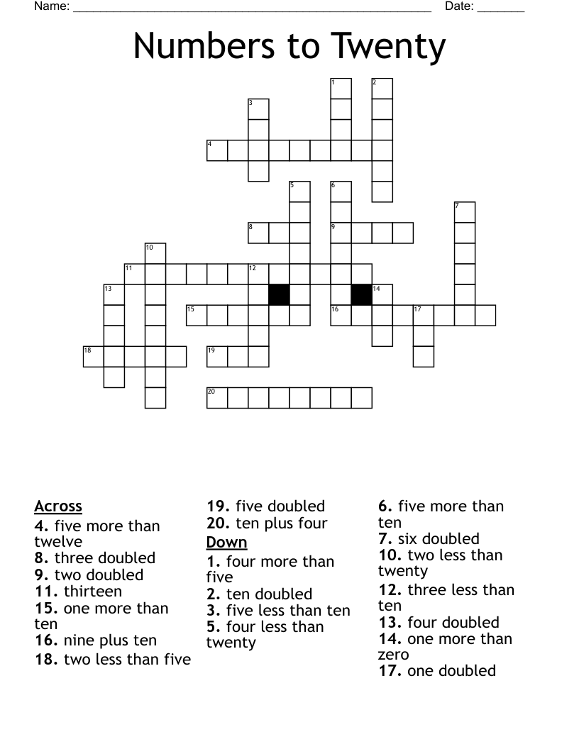Numbers to Twenty Crossword