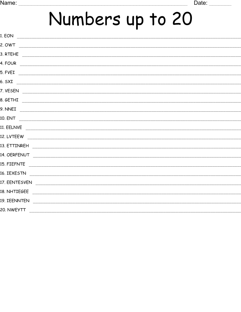Numbers up to 20 Word Scramble