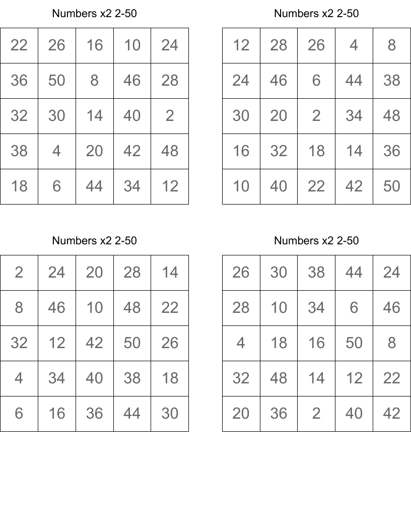 Numbers x2 2-50 Bingo Cards