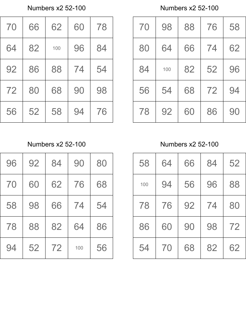 Numbers x2 52-100 Bingo Cards