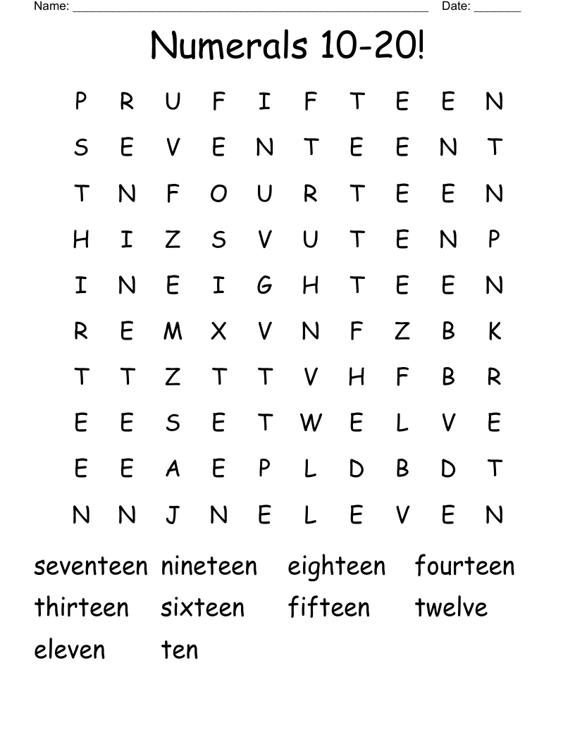 Numerals 10-20! Word Search