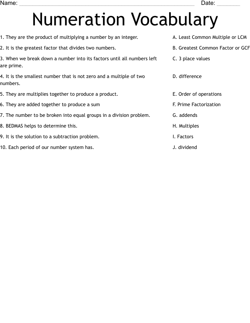 Numeration Vocabulary Worksheet
