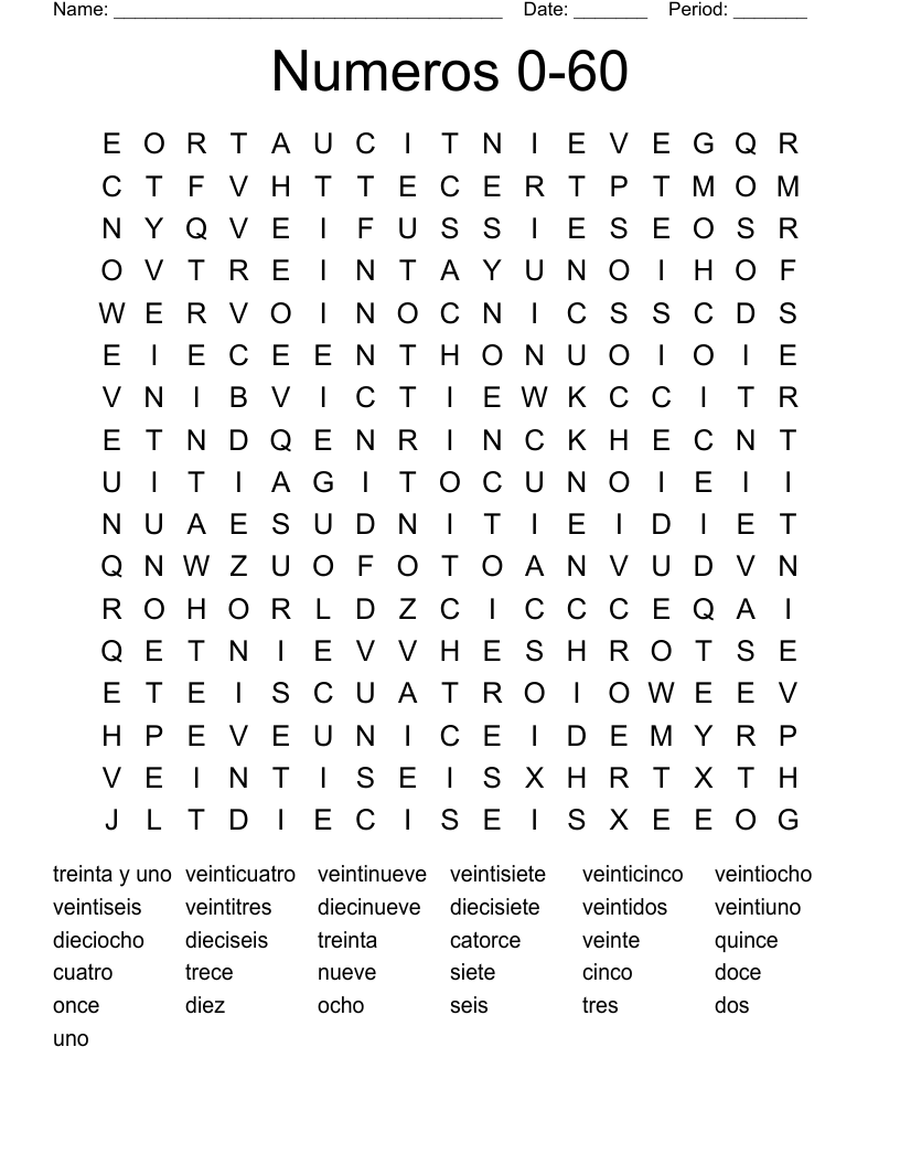 Numeros 0-60 Word Search