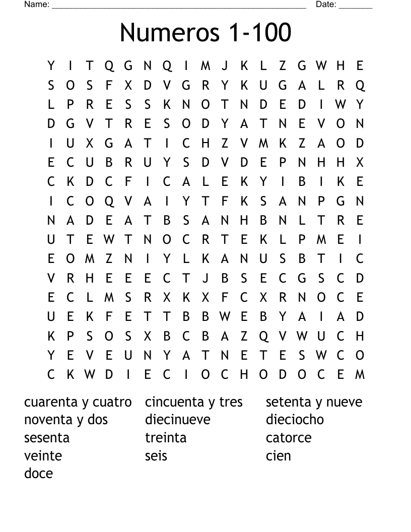 Numeros 1-100 Word Search
