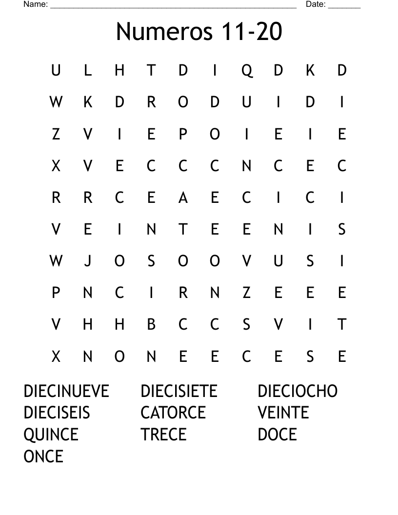 Numeros 11-20 Word Search