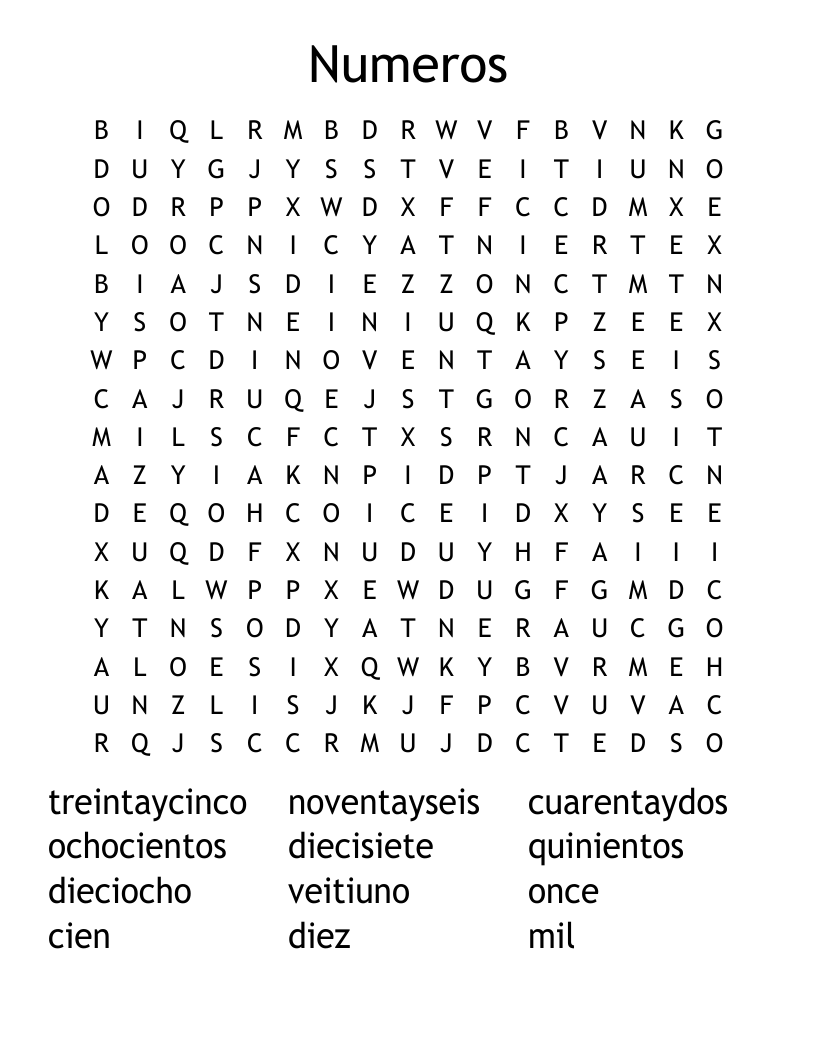 Numeros Word Search
