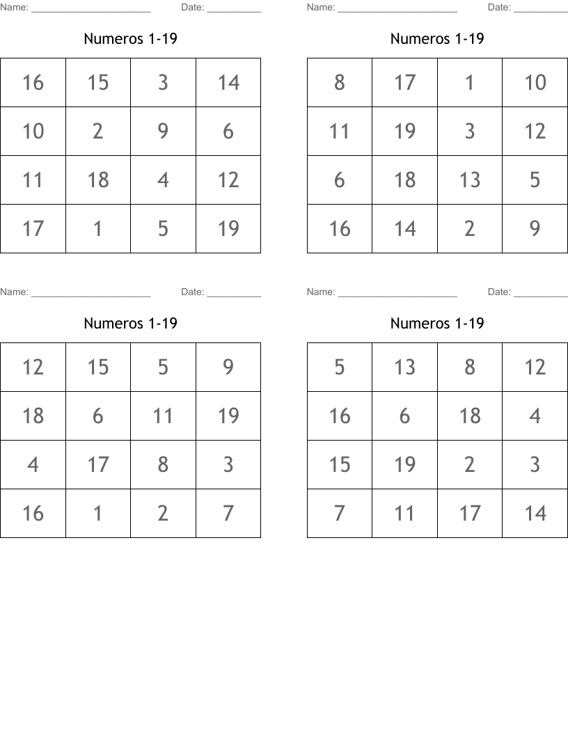 Numeros 1-19 Bingo Cards
