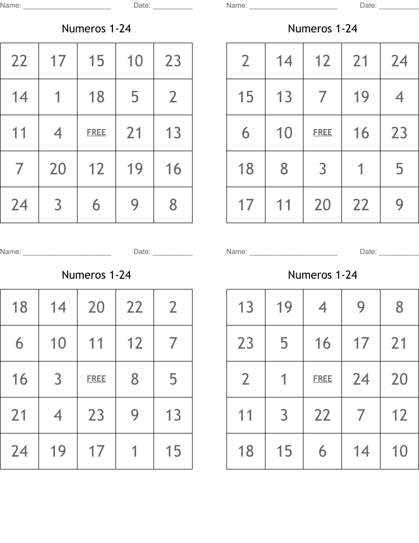 Numeros 1-24 Bingo Cards