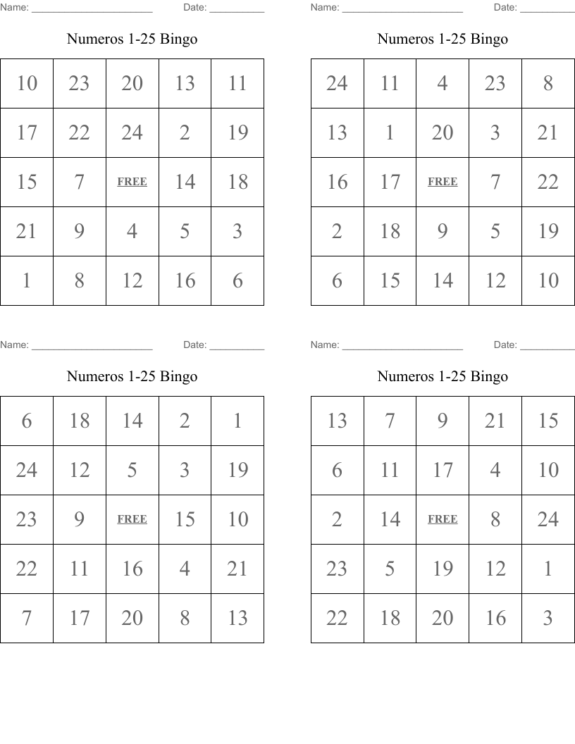 Numeros 1-25 Bingo