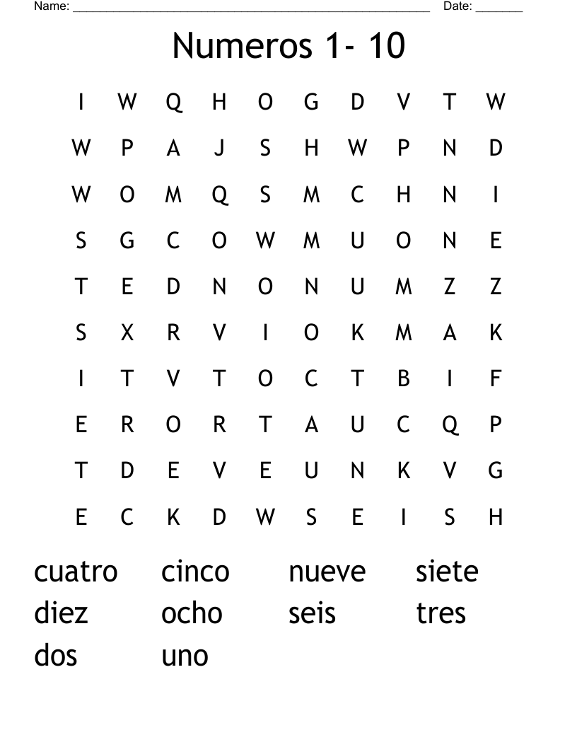 Numeros 1- 10 Word Search
