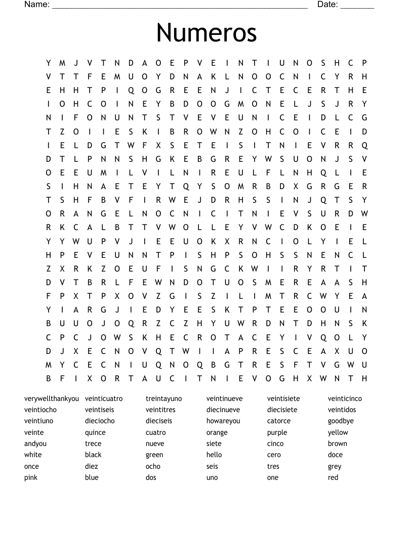 Numeros Word Search