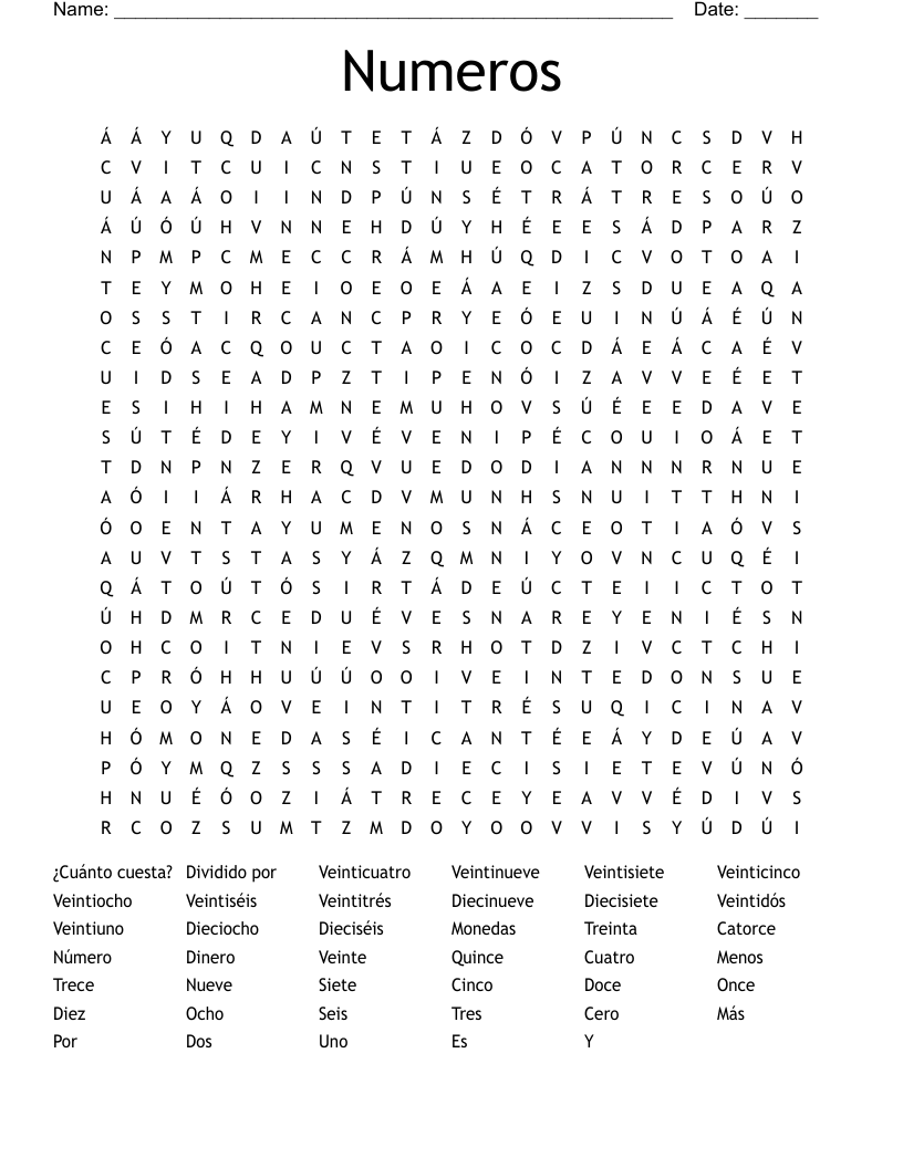 Numeros Word Search