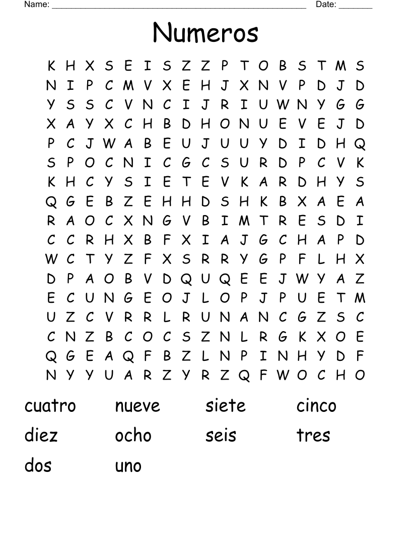Numeros Word Search
