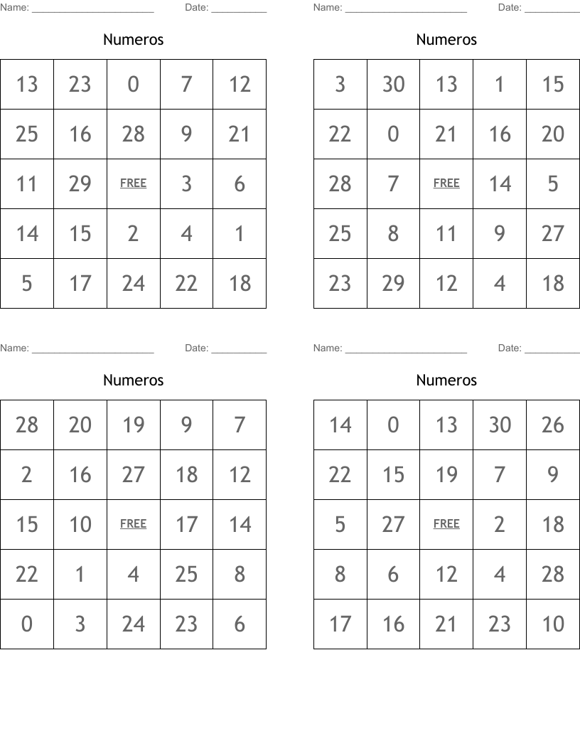 Numeros Bingo Cards