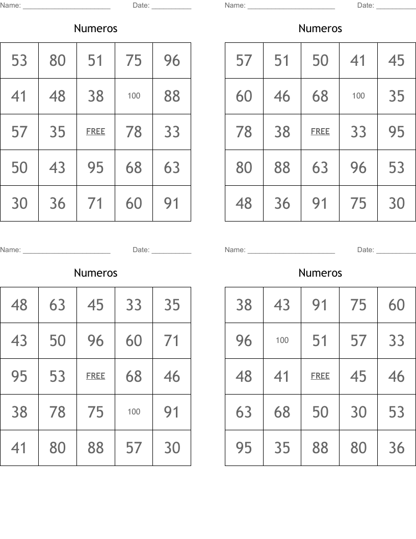 Numeros Bingo Cards